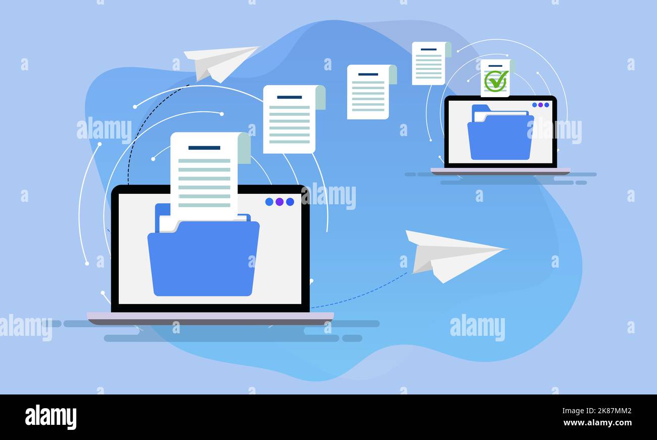 Send Files From PC to PC Animation Design flat . Data transfer with modern computer laptop. Transferring Digital Information and database concept. Stock Photo