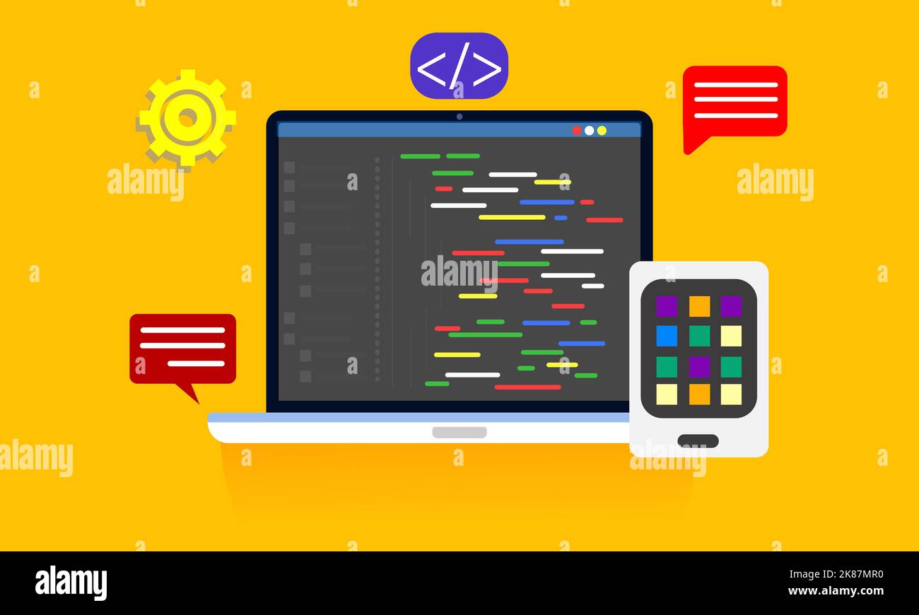 Programming Code on Laptop Screen Design illustration. Website Development and Coding Software Interface on Modern PC Stock Photo