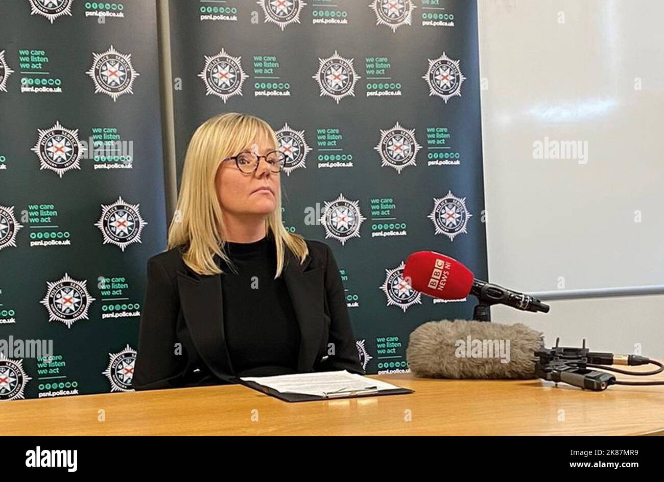 Detective Chief Inspector Rachel Wilson speaking at Antrim Police station after the PSNI launched a murder investigation on Thursday following the discovery of a body in a house in the Craighill area. Picture date: Friday October 21, 2022. Stock Photo