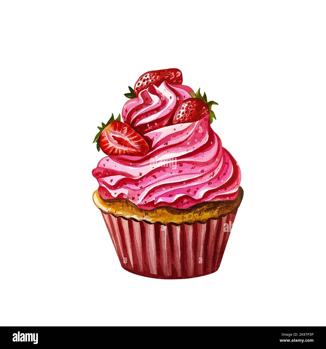 Cupcake with cream and strawberries. Watercolor illustration. Isolate ...