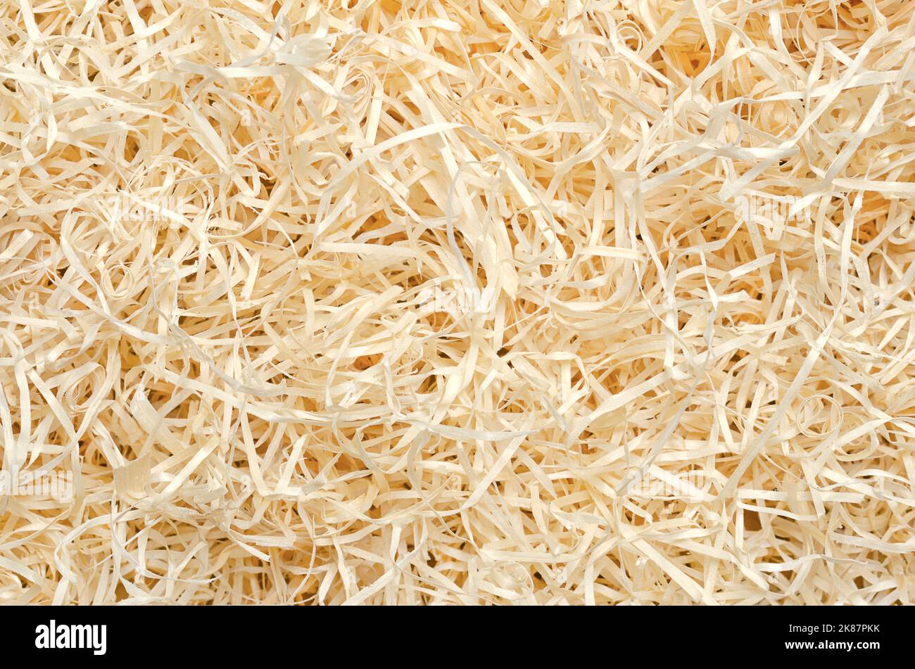 Wood wool background from above. Also known as excelsior, made of wood slivers cut from logs. Used in packaging. Stock Photo