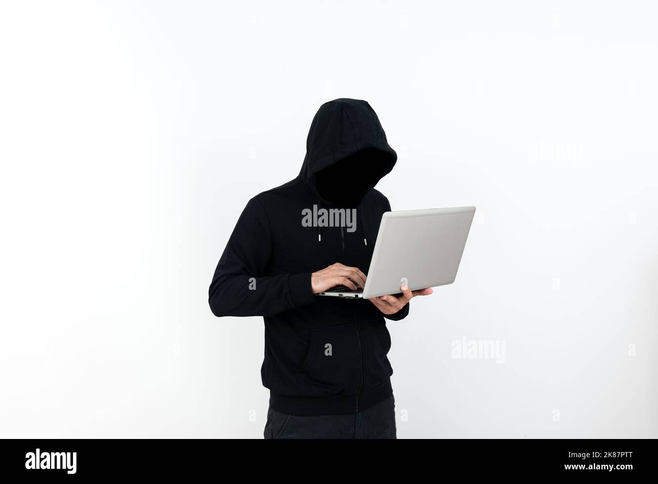 Man Standing With Laptop Presenting Cyber Security. Businessman ...