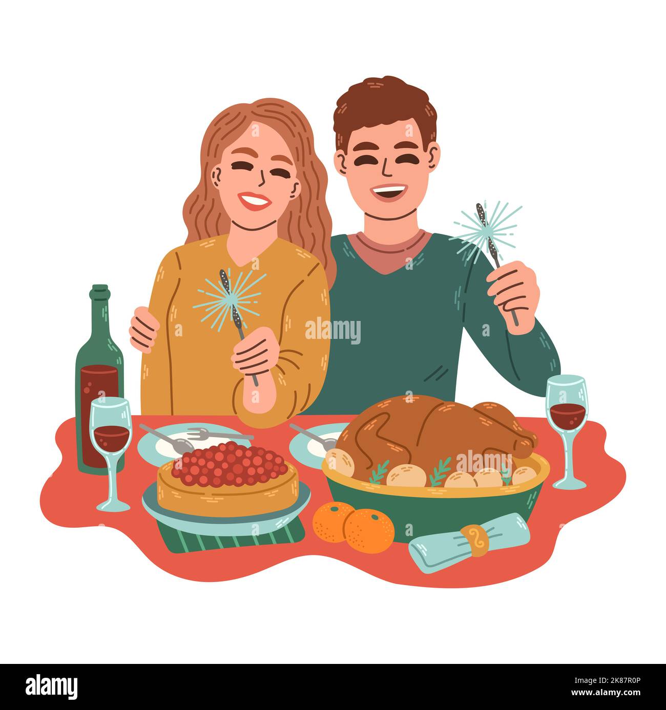 Christmas dinner. Family of two with sparklers red wine in Christmas dinner at home. Man and woman celebrating together Stock Vector