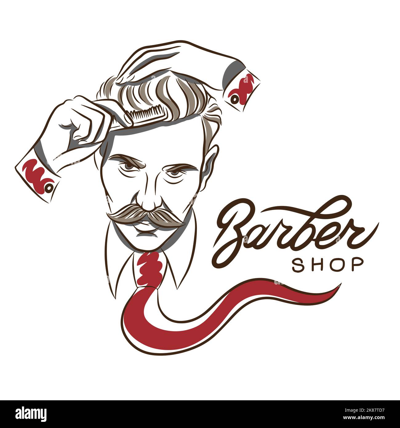 Barber shop, handsome man with mustache combing his hair, beauty salon