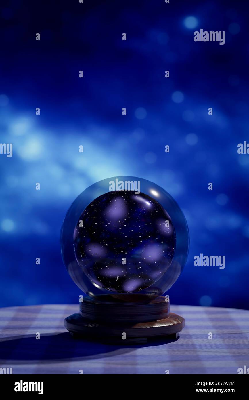 Crystal ball on a table with stars in background. 3D Illustration Stock Photo