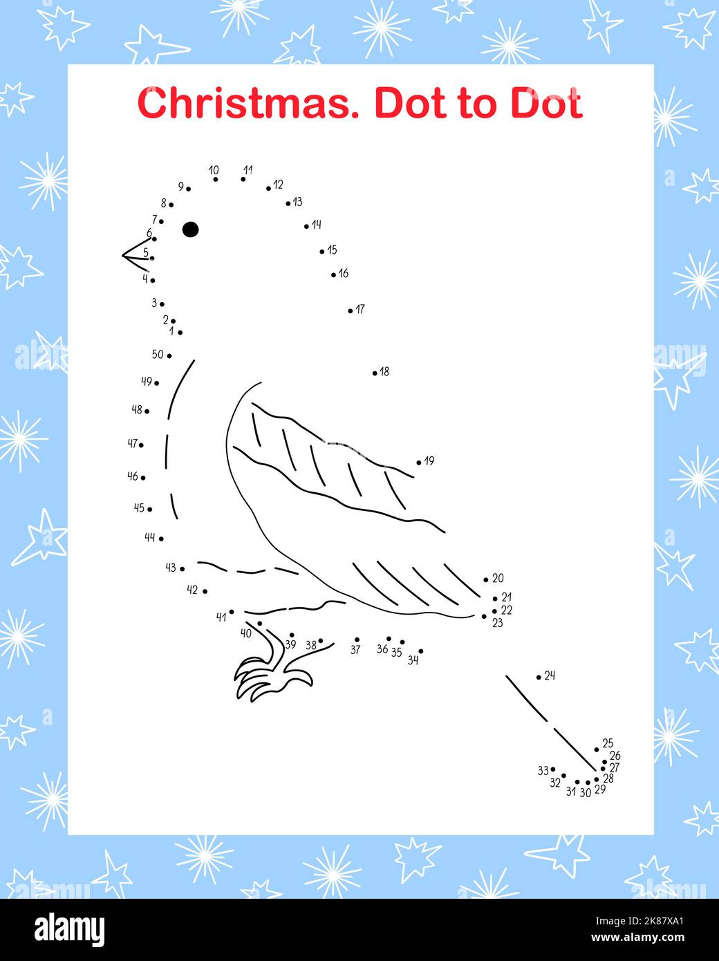 Winter bullfinch bird dot to dot fun educational game or leisure worksheet, outline doodle vector illustration, winter holidays seasonal activity, New Year celebration fun for kids, number learning Stock Vector