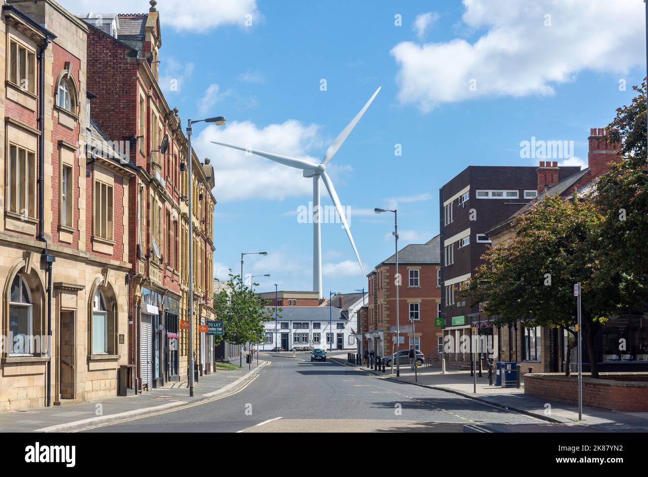 View of wind turbine from Bridge Street, Blyth, Northumberland, England, United Kingdom Stock Photo