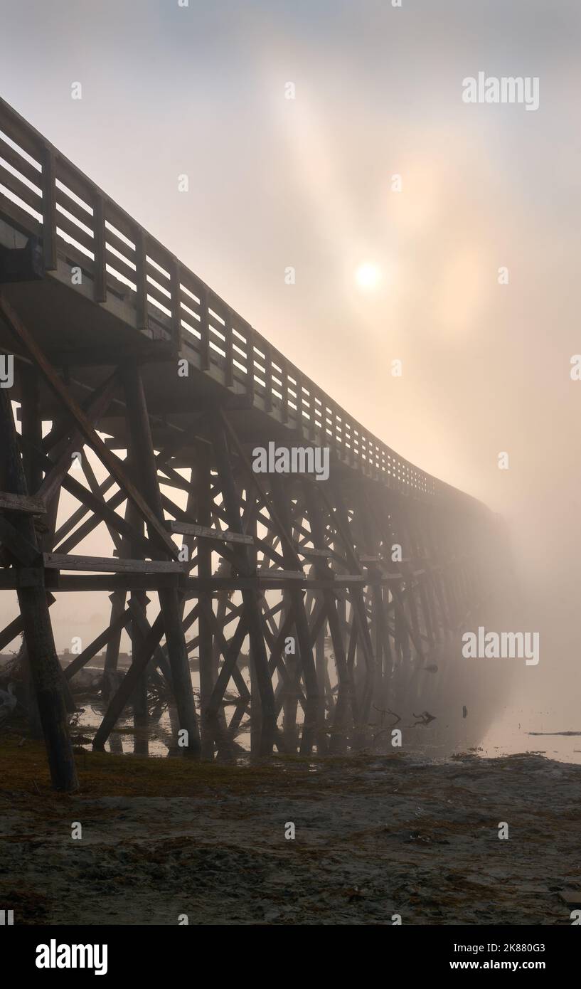 Fog Shrouded Pritchard Bridge. Fog socks in the one lane bridge over the South Thompson River in Pritchard, British Columbia. Canada. Stock Photo