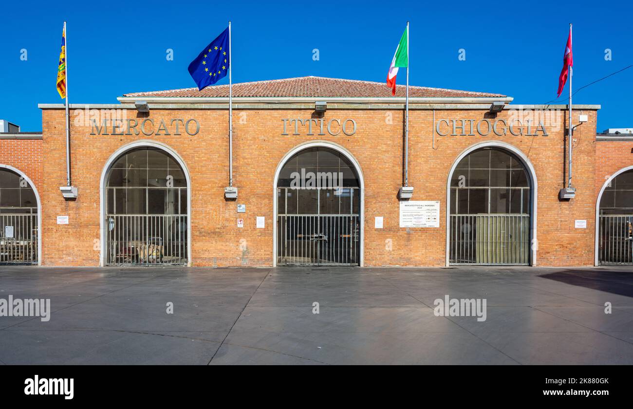 Fish Market building - The wholesale fish market is the nerve centre of fish industry of Chioggia city, Venetian lagoon, Veneto region – Italy, Stock Photo