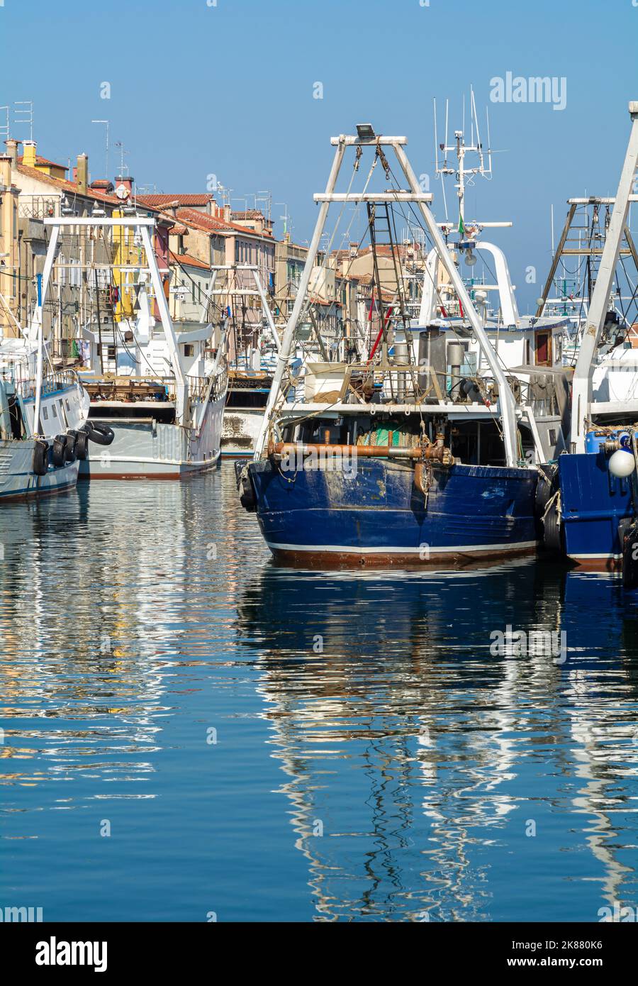 Big fishing boats moored in the port on the Adriatic sea at Chioggia city, Venetian lagoon, Venice province, northern Italy Stock Photo