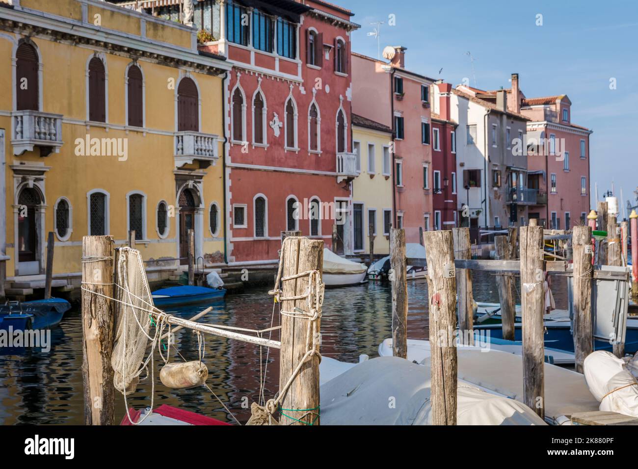 Chioggia glimpse from the arcades along the canals - Chioggia city, Venetian Lagoon, Verona province, Italy - suggestive image of Chioggia town Stock Photo