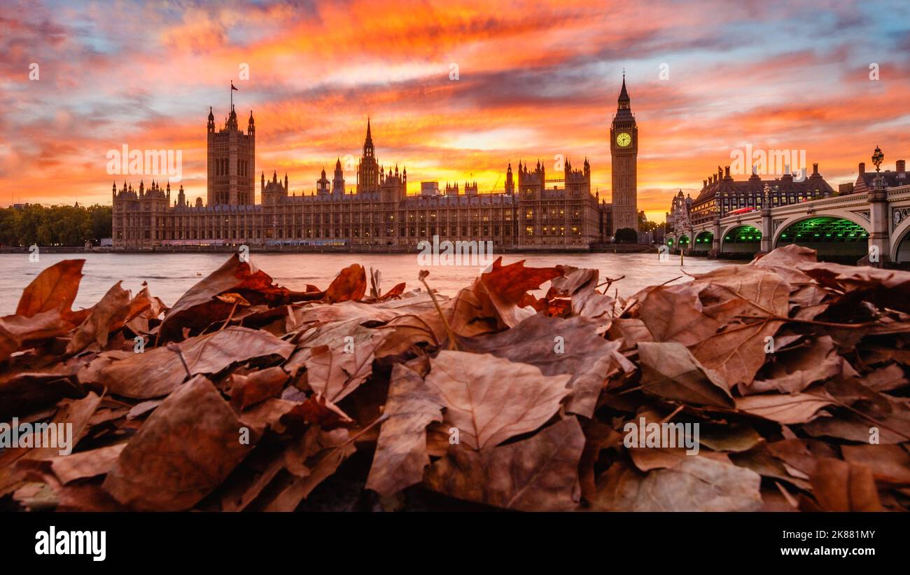 Autumn sunset over the House Of Parliament in London. Stock Photo