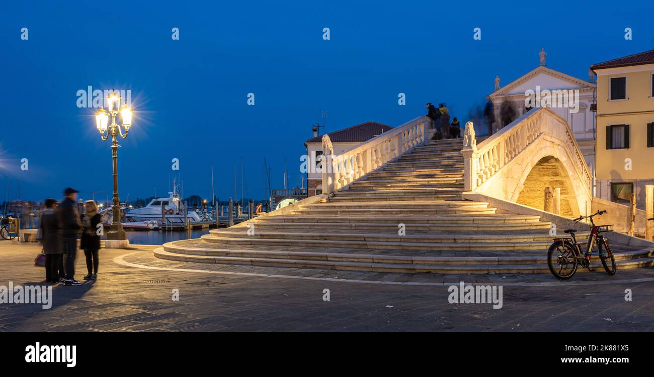The Vigo bridge in historic centre of Chioggia city, Venetian lagoon, Venice province,northern italy - night photography - long exposure Stock Photo