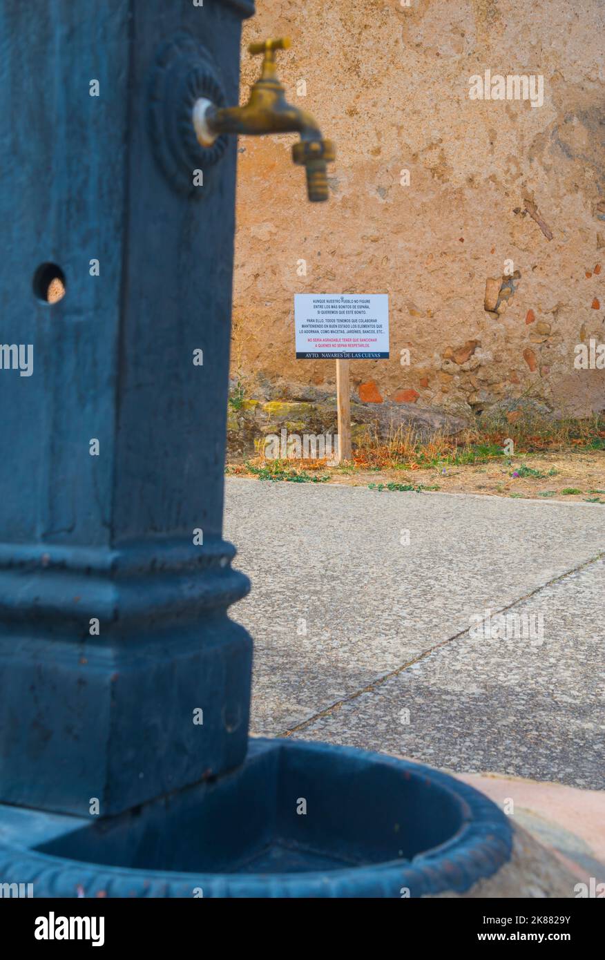 Ecological sign and fountain. Spain. Stock Photo