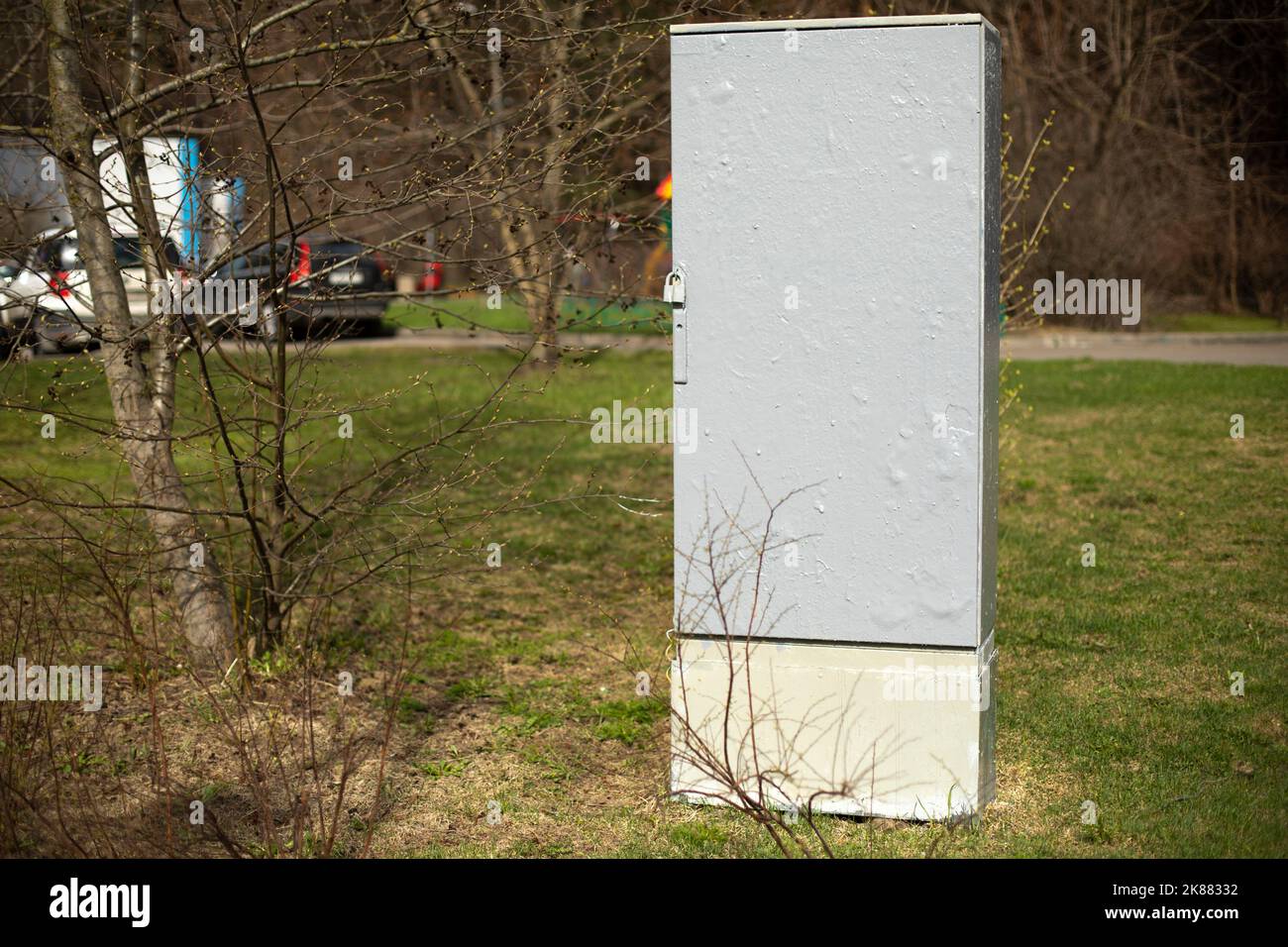 Electricity control panel. Technical structure is gray in color. Electrical panel. Stock Photo