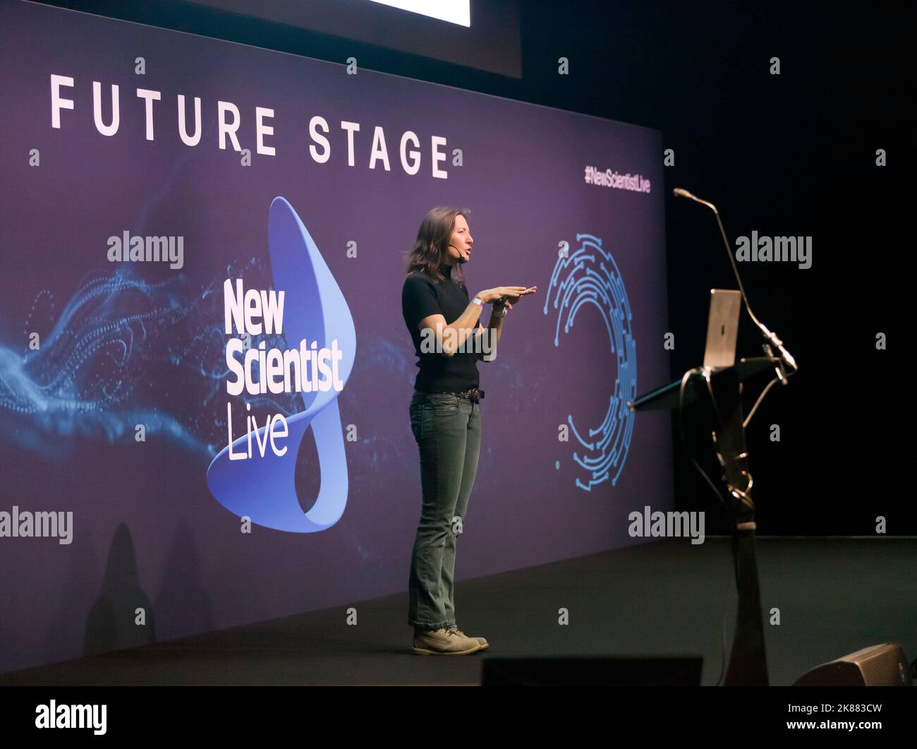 Dr Helen Czerski giving a talk entitled ''An Ocean of Salt', on the Future Stage, at New Scientist Live 2022 Stock Photo