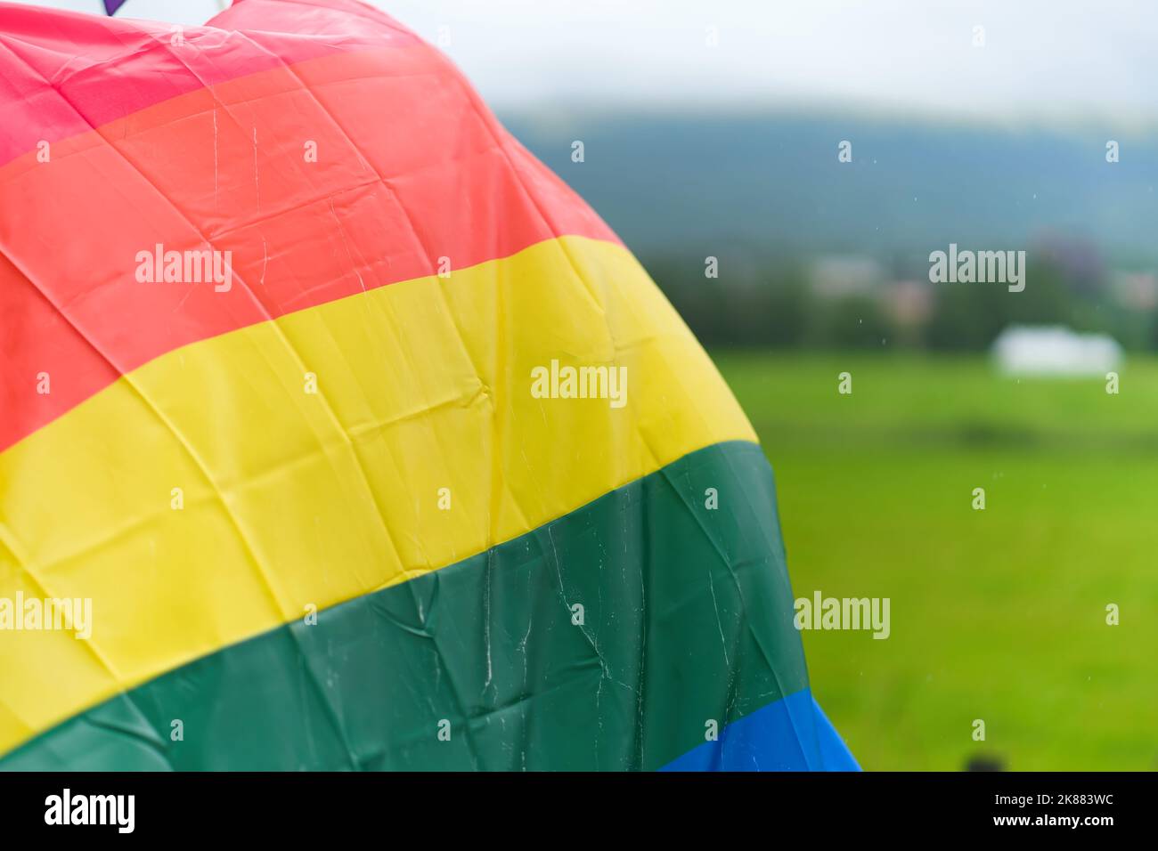 A closeup shot of details on a pride flag at the pride parade in Tynset ...