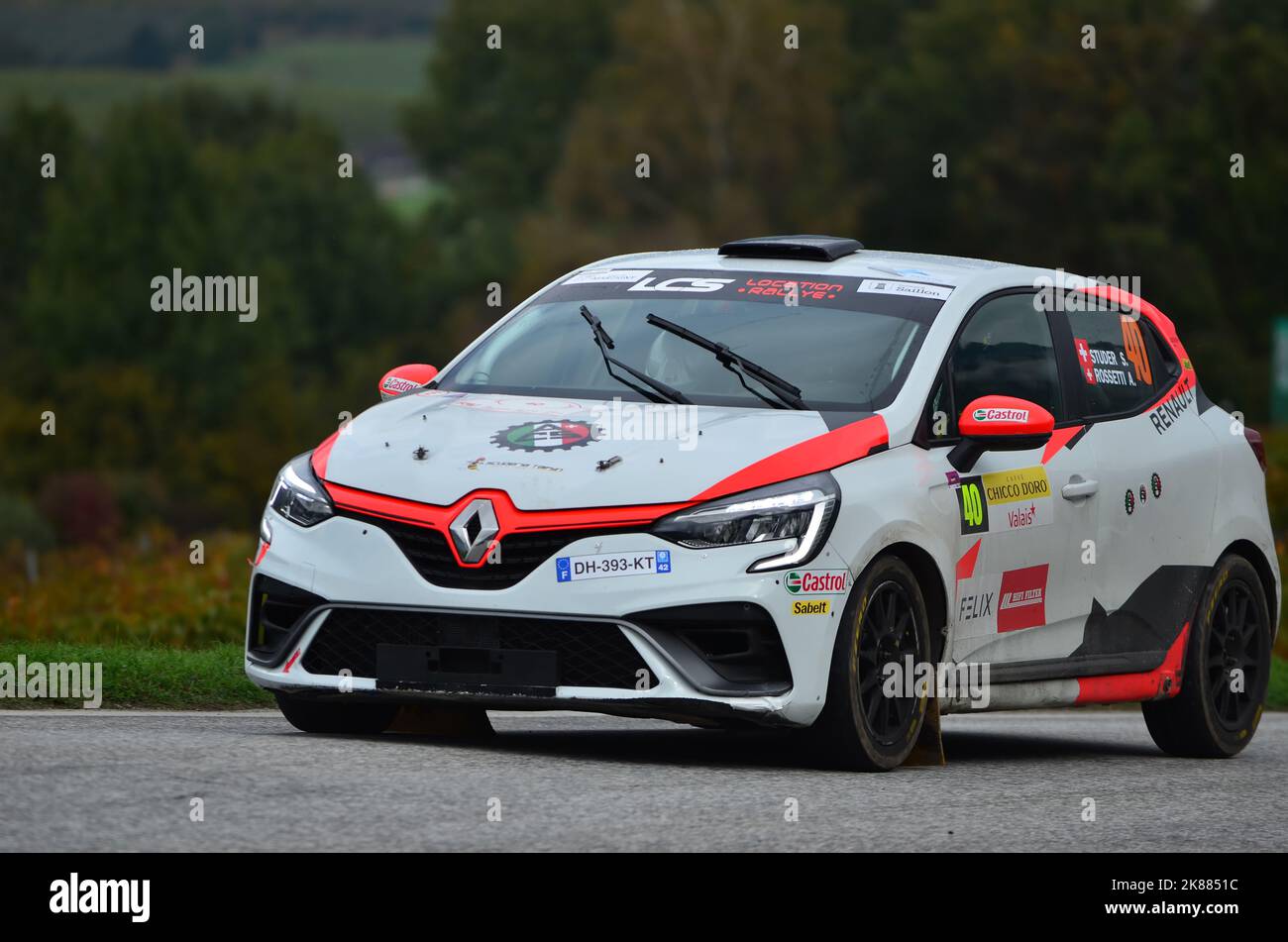 CHALAIS, SWITZERLAND - OCTOBER 15: Studer and Rossetti in their Renault Clio driving the in the International Rally du Valais:  October 15, 2022 in Ch Stock Photo
