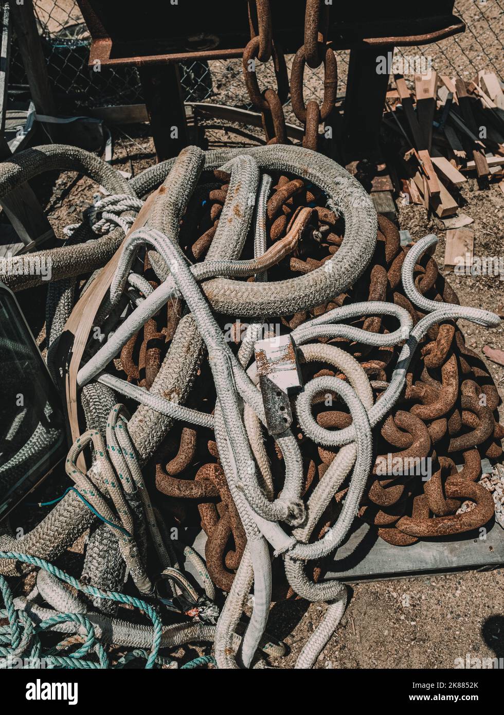 The high-angle vertical view of a pile of twisted dirty ropes Stock ...