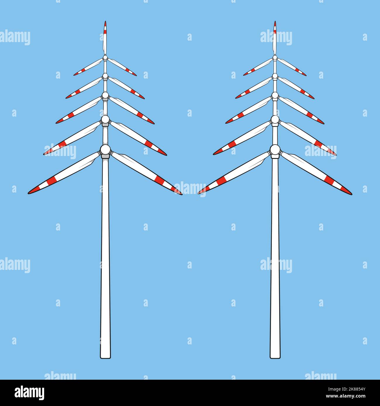Set of color illustrations with Christmas tree made of propellers, windmill blades, wind turbine