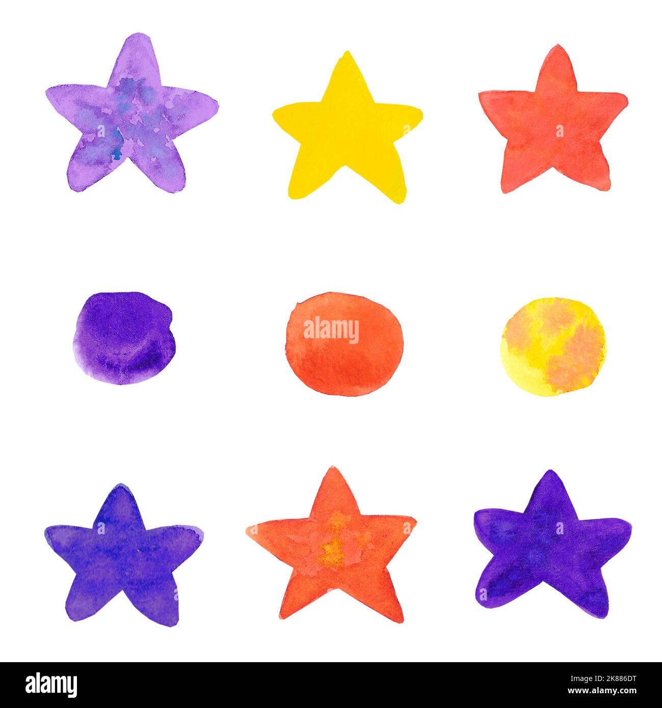 Hand drawn watercolor stars and spots on white background. Can be used for Halloween Scrapbook design, typography poster, label, banner, children text Stock Photo
