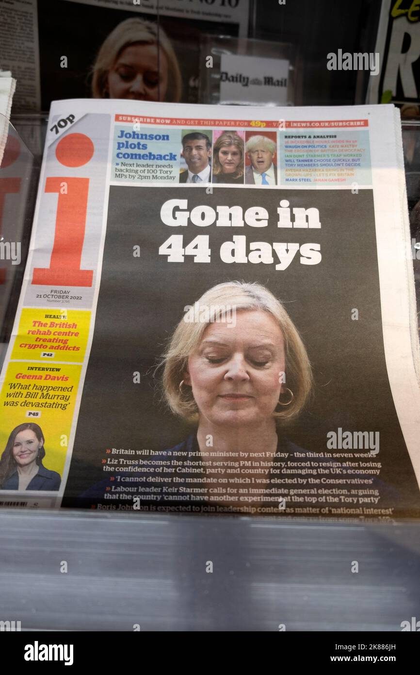 Prime Minister PM Liz Truss resigns 'Gone in 44 days' i newspaper front page 21 October 2022 London England Great Britain UK Stock Photo