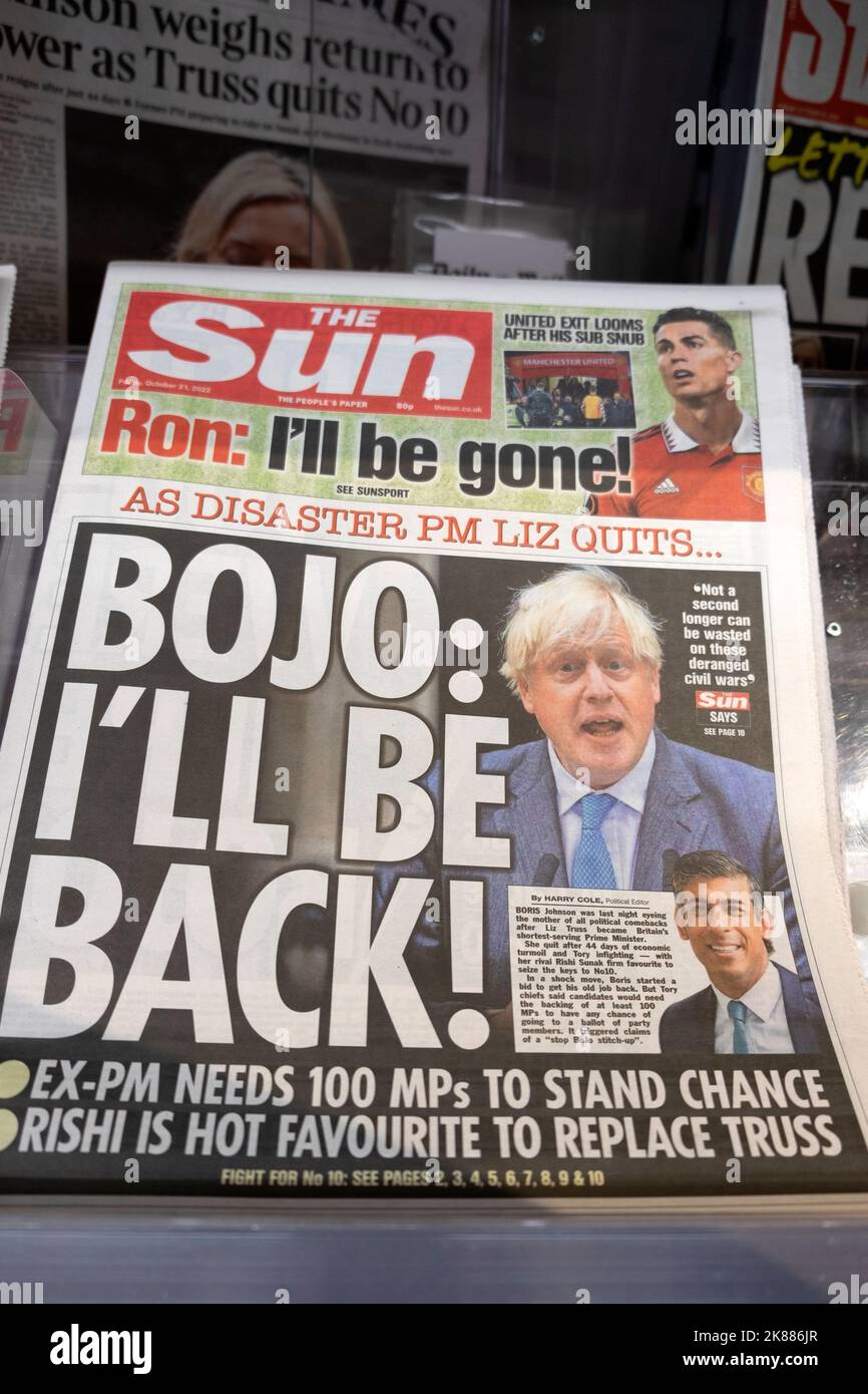 The Sun newspaper headline front page Boris Johnson 'Bojo: I'll Be Back!' 21 October 2022 London England UK Stock Photo