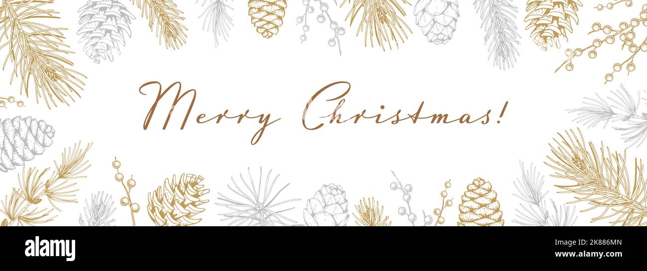 Merry Christmas and Happy New Year horizontal greeting card with hand ...
