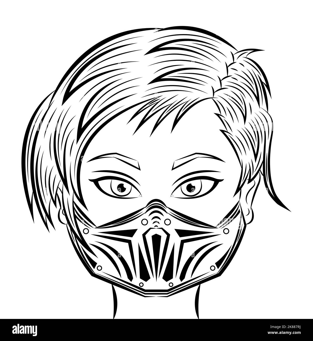 illustration of woman wearing face mask in pandemic, black and white