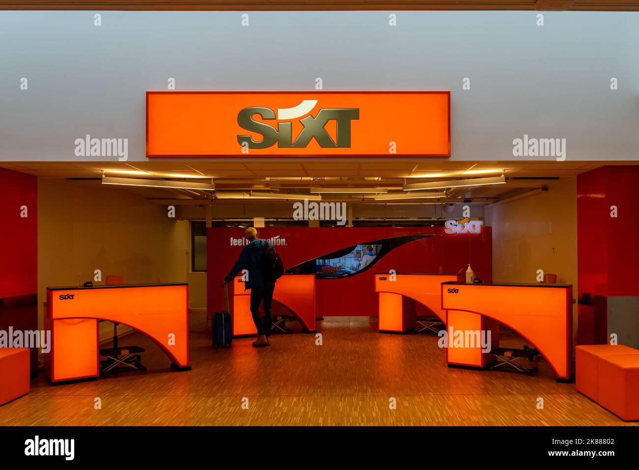 Oslo, Norway - September 28, 2022: A Sixt car rental counter at the airport. Stock Photo