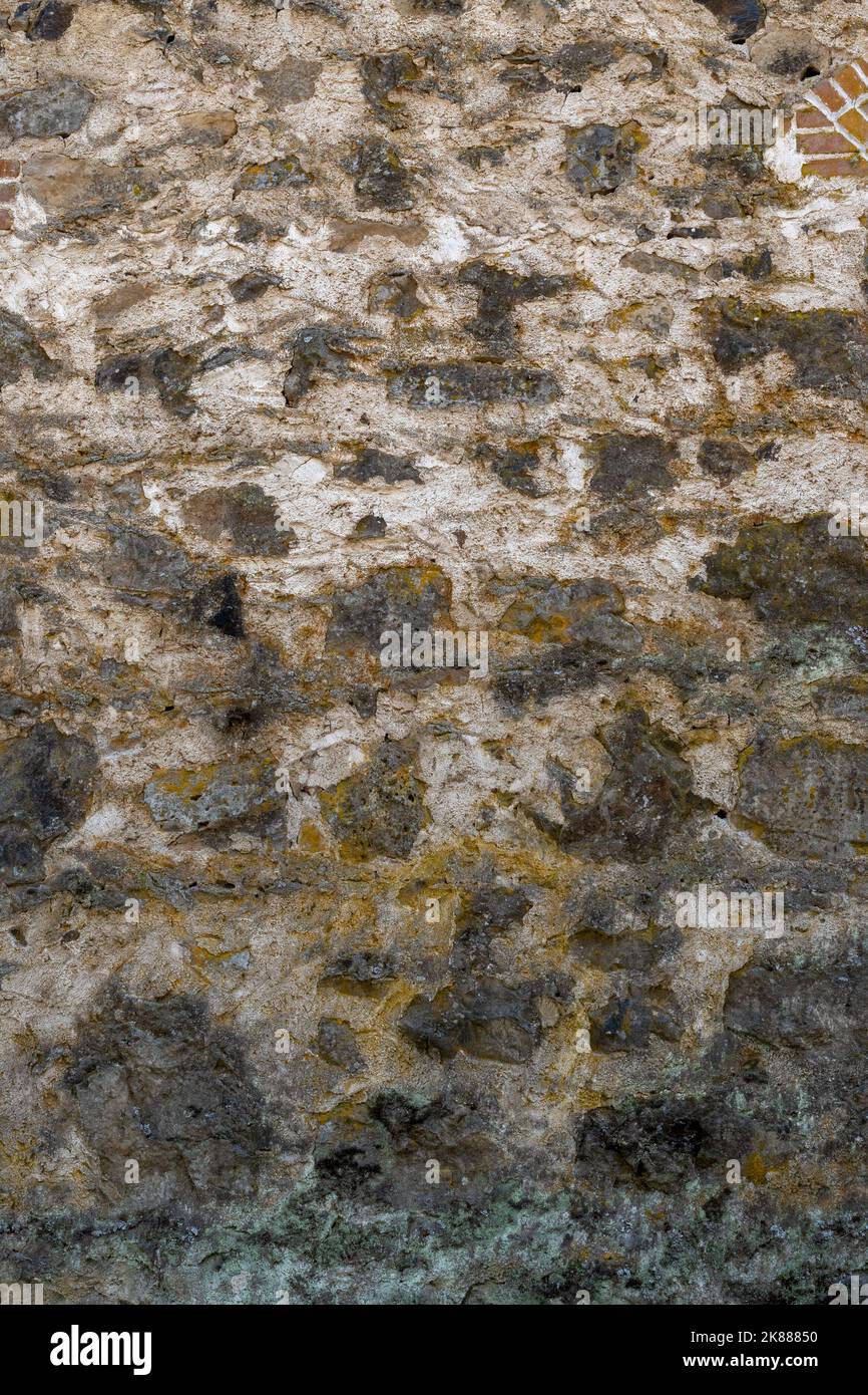 Rock cement wall in the colors white, grey and yellow lichen with a hint of green or blue at the base, rough, background and backdrop Stock Photo