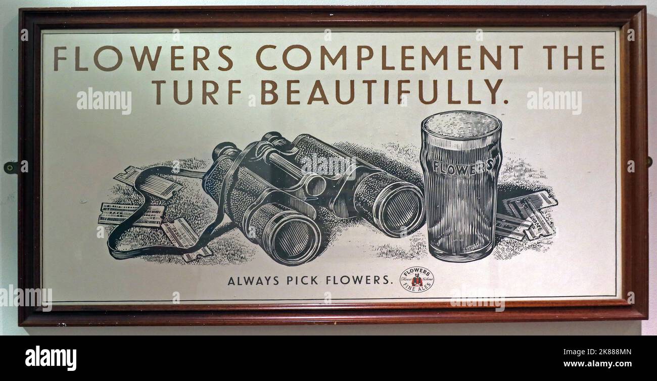 Vintage Flowers Brewery framed promotional print with the slogan “Flowers Complement The Turf Beautifully”, a classic British brewery advert Stock Photo
