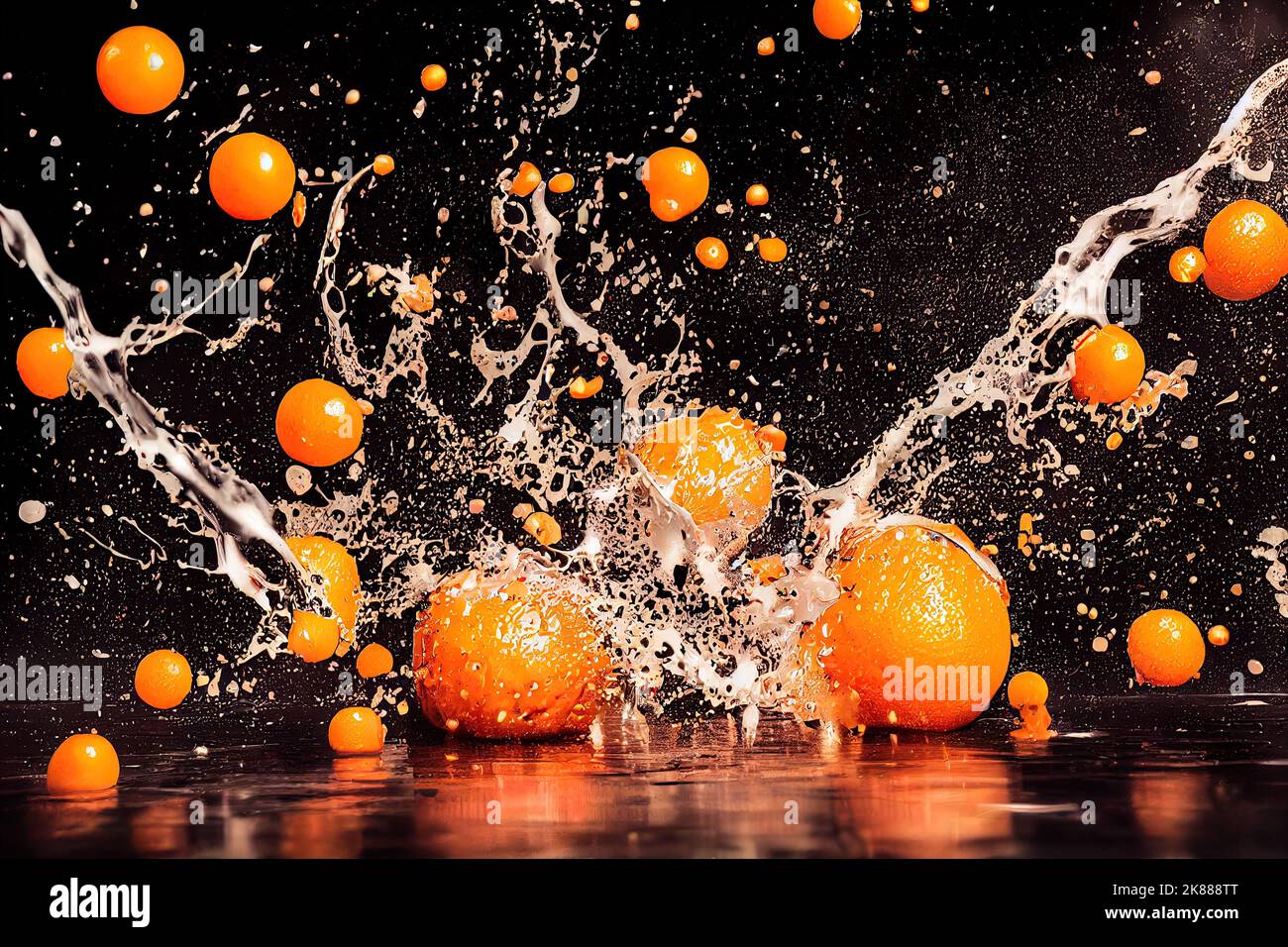 Sweet orange juice explosion, splash through flying fruits. Nectar, extract, essence of fresh