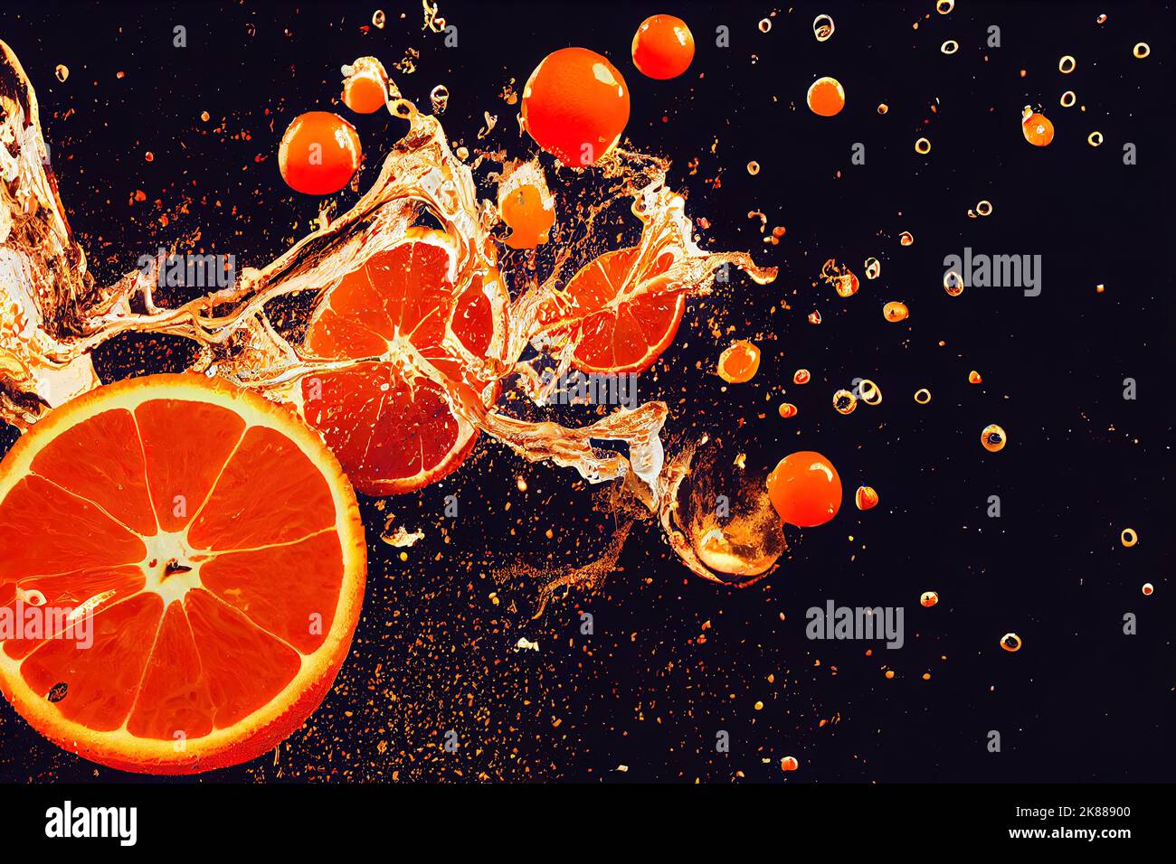 Sweet orange juice explosion, splash through flying fruits. Nectar, extract, essence of fresh
