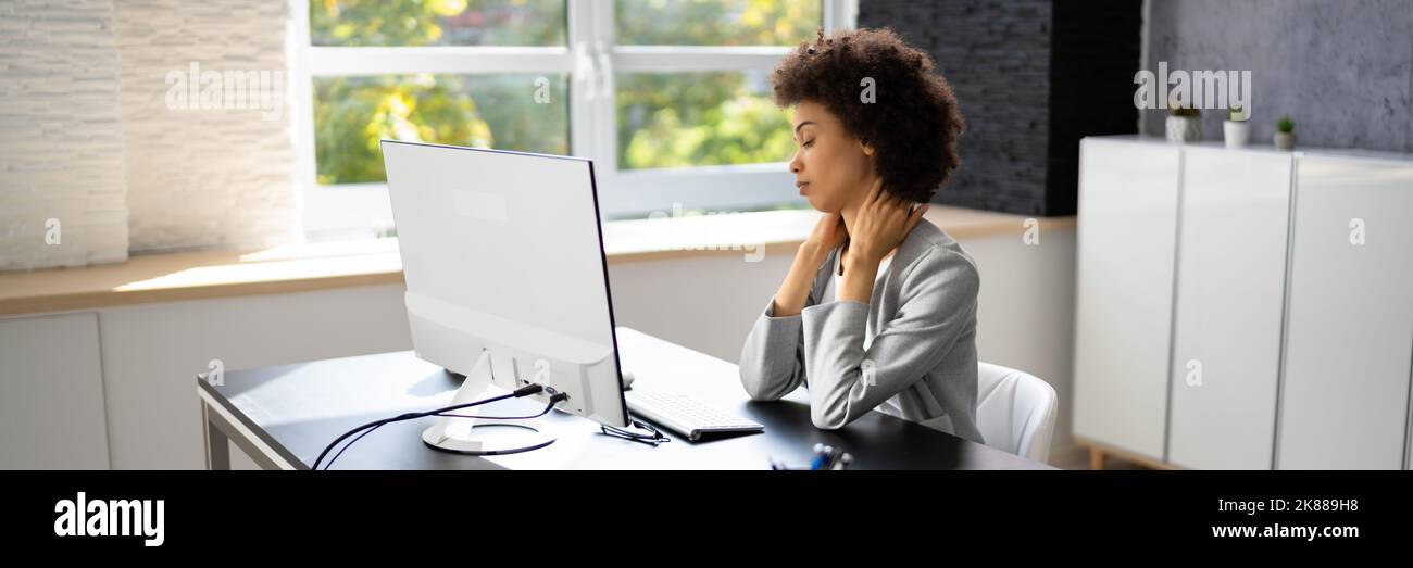 Ergonomic Chair And Posture Behind Workstation Computer. Shoulder Pain