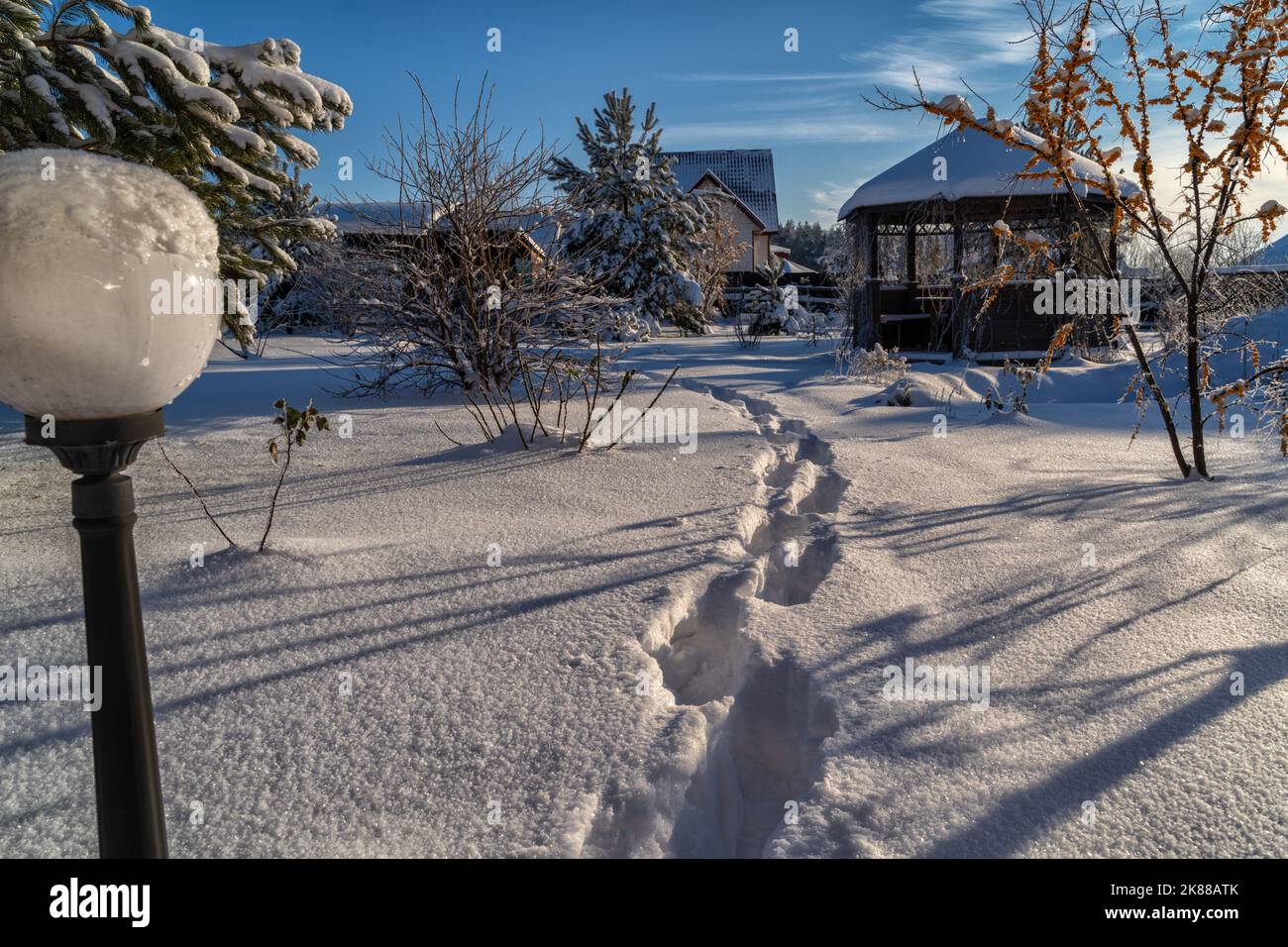 Winter rural landscape , country house and garden in countryside Stock ...