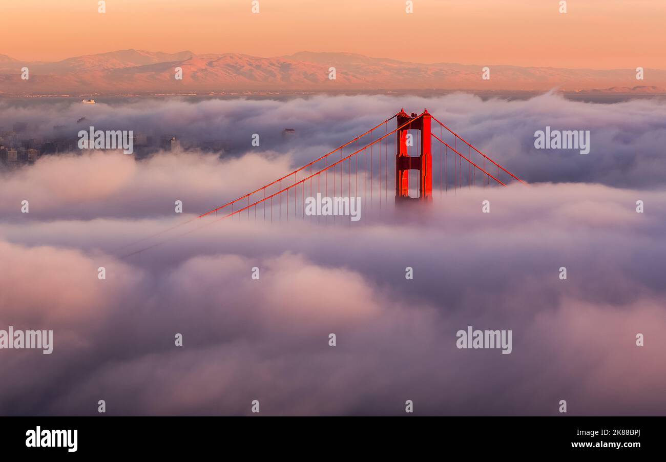 Golden Gate Bridge Foggy Sunset Colors Stock Photo