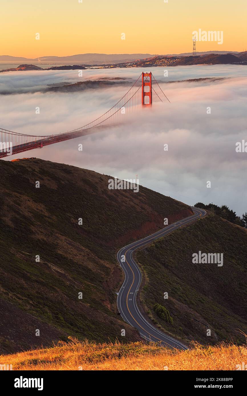 Foggy Sunrise Golden Gate Bridge San Francisco Marin Headlands Stock Photo