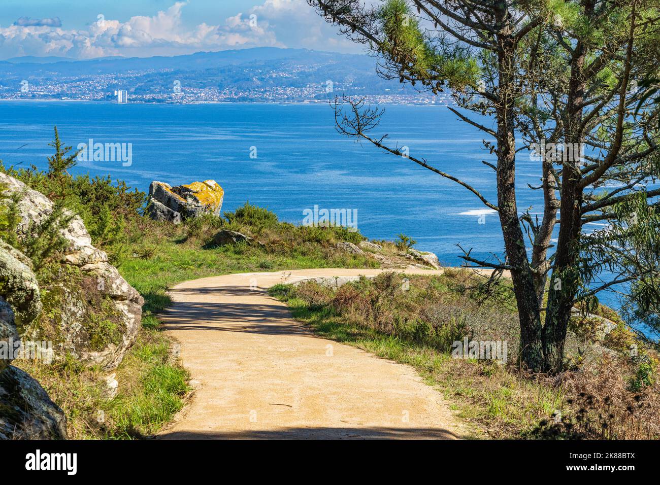 View of the Cies Islands with the beautiful beach of Rodas, in Galicia, Spain.  Stock Photo