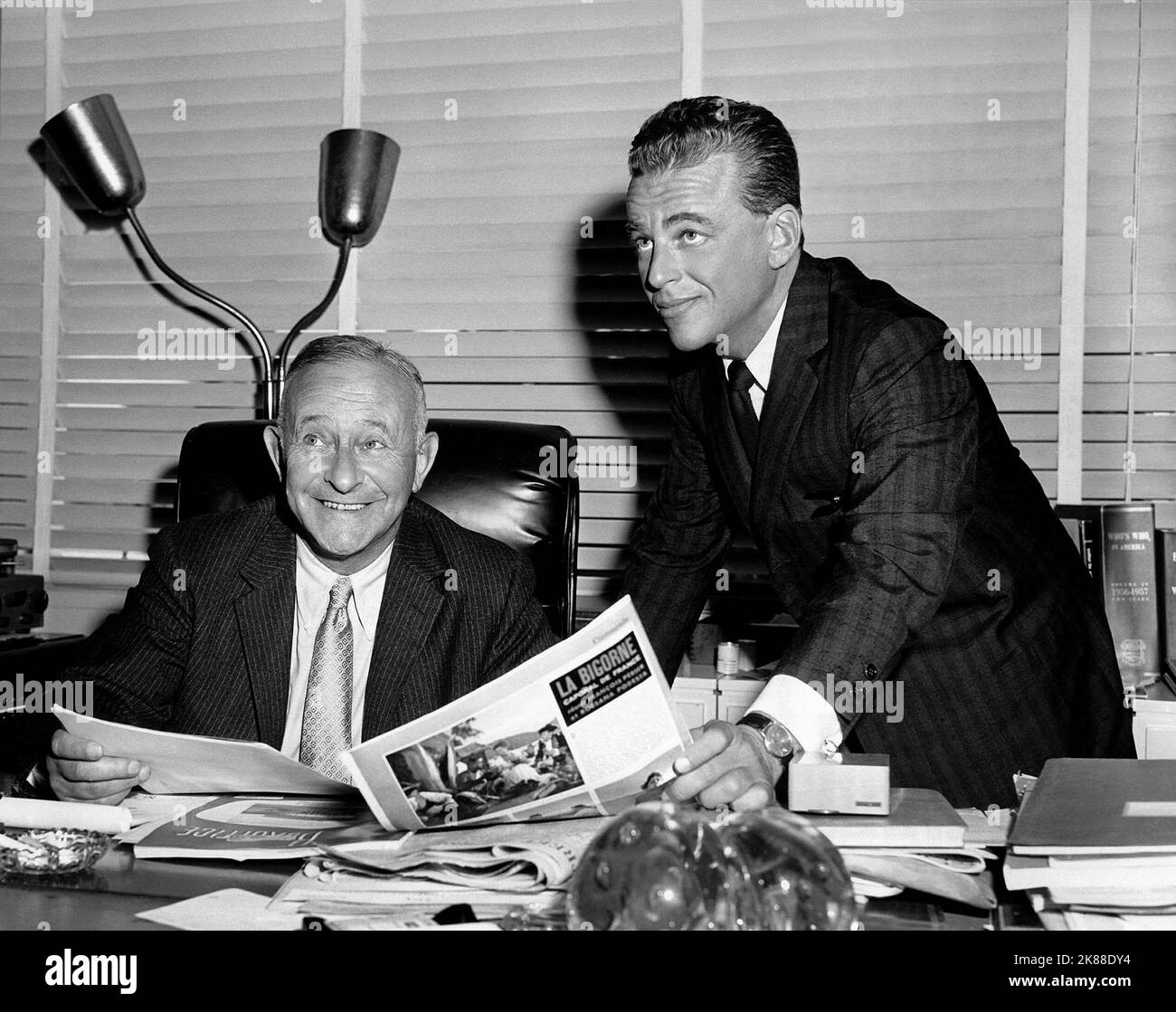 Alan Jay Lerner & Frederick Loewe  Gigi, Writer & Music Composer   01 May 1958   **WARNING** This Photograph is for editorial use only and is the copyright of The Film Company and/or the Photographer assigned by the Film or Production Company and can only be reproduced by publications in conjunction with the promotion of the above Film. A Mandatory Credit To The Film Company is required. The Photographer should also be credited when known. No commercial use can be granted without written authority from the Film Company. Stock Photo