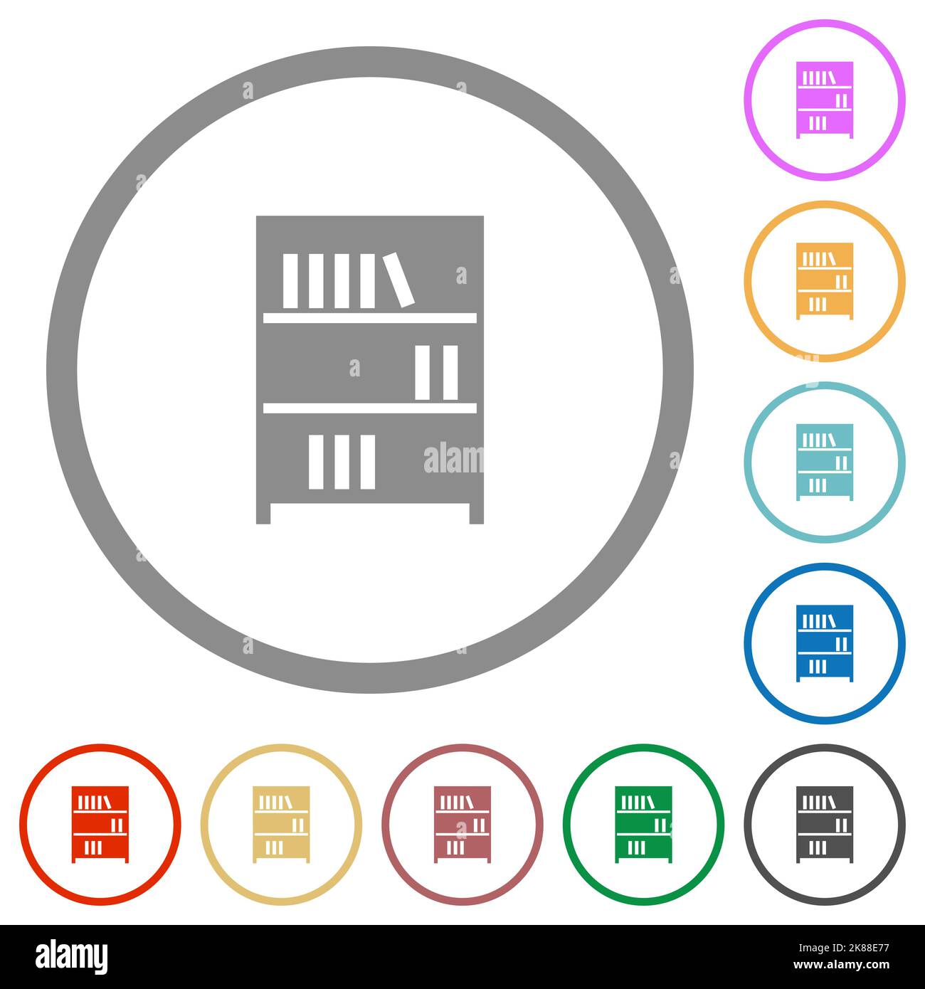 Bookshelf with books solid flat color icons in round outlines on white ...