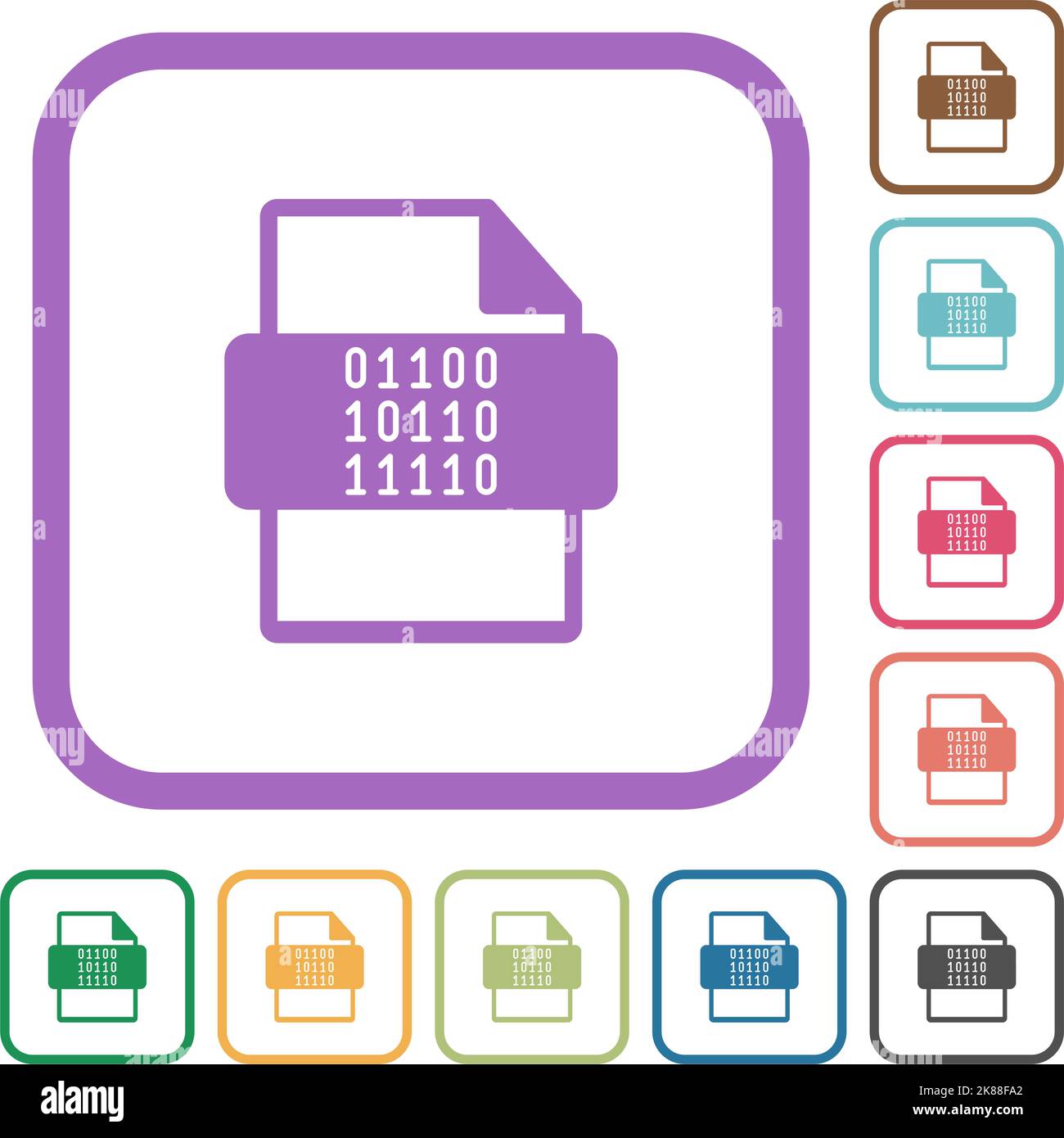 Binary file type simple icons in color rounded square frames on white ...