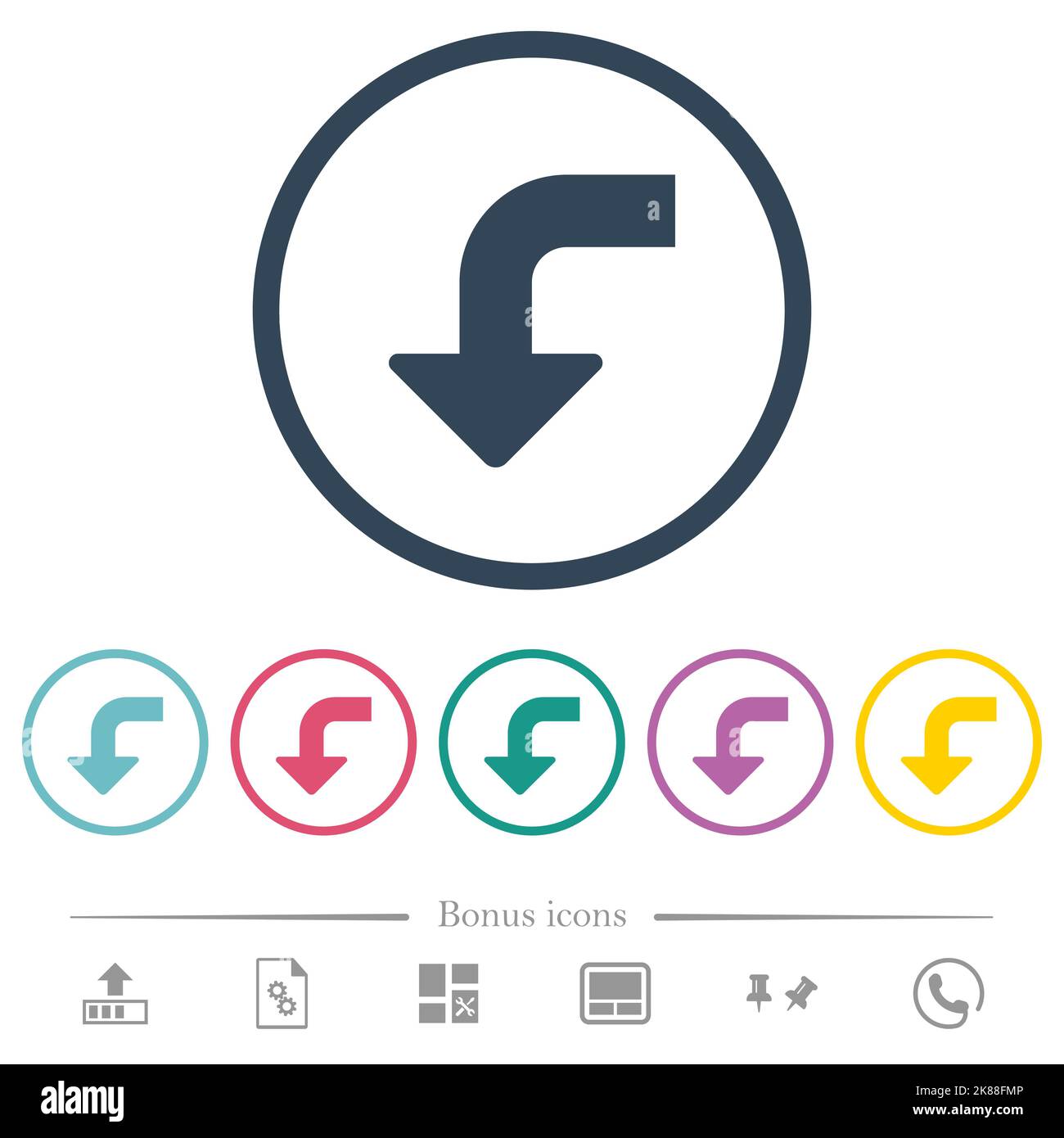 Left bottom side turn arrow solid flat color icons in round outlines. 6 bonus icons included. Stock Vector