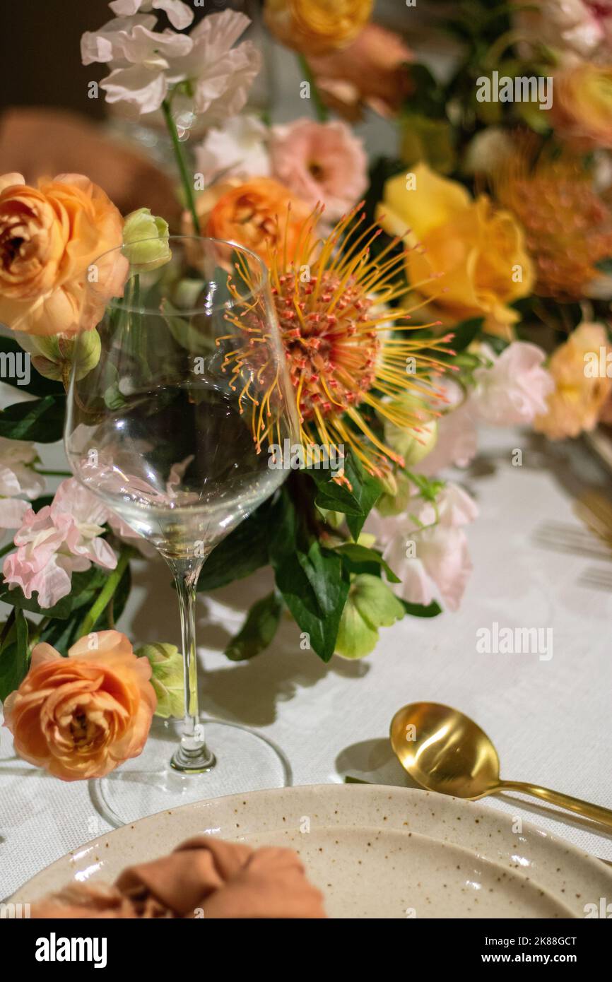 wedding Venue Florals and Table Top Decorations Stock Photo