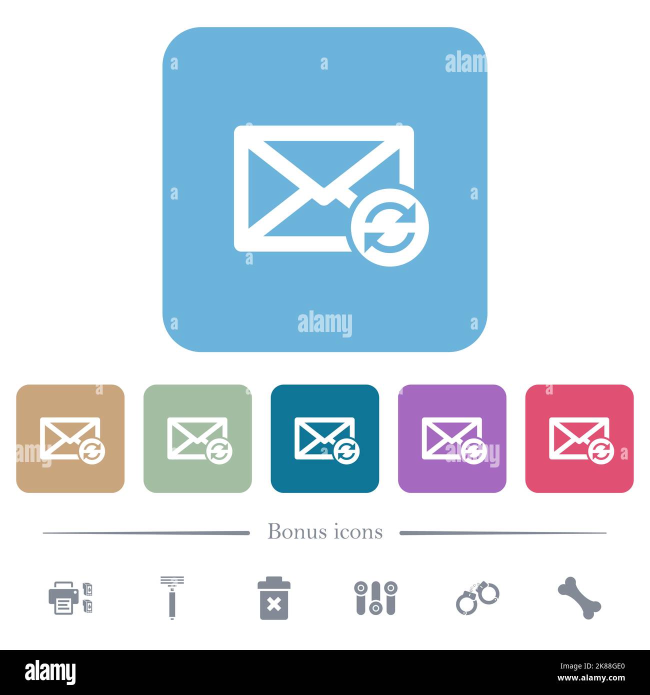 Syncronize mails white flat icons on color rounded square backgrounds ...