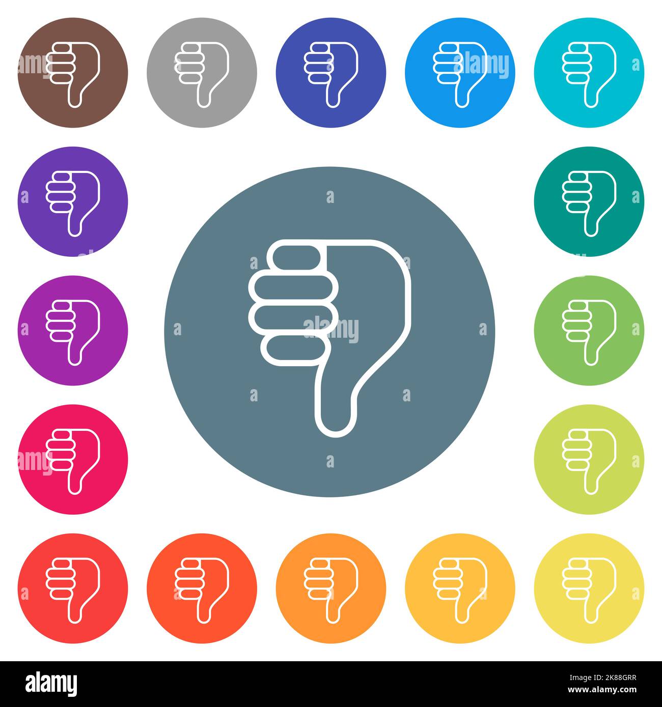 Right handed thumbs down outline flat white icons on round color ...
