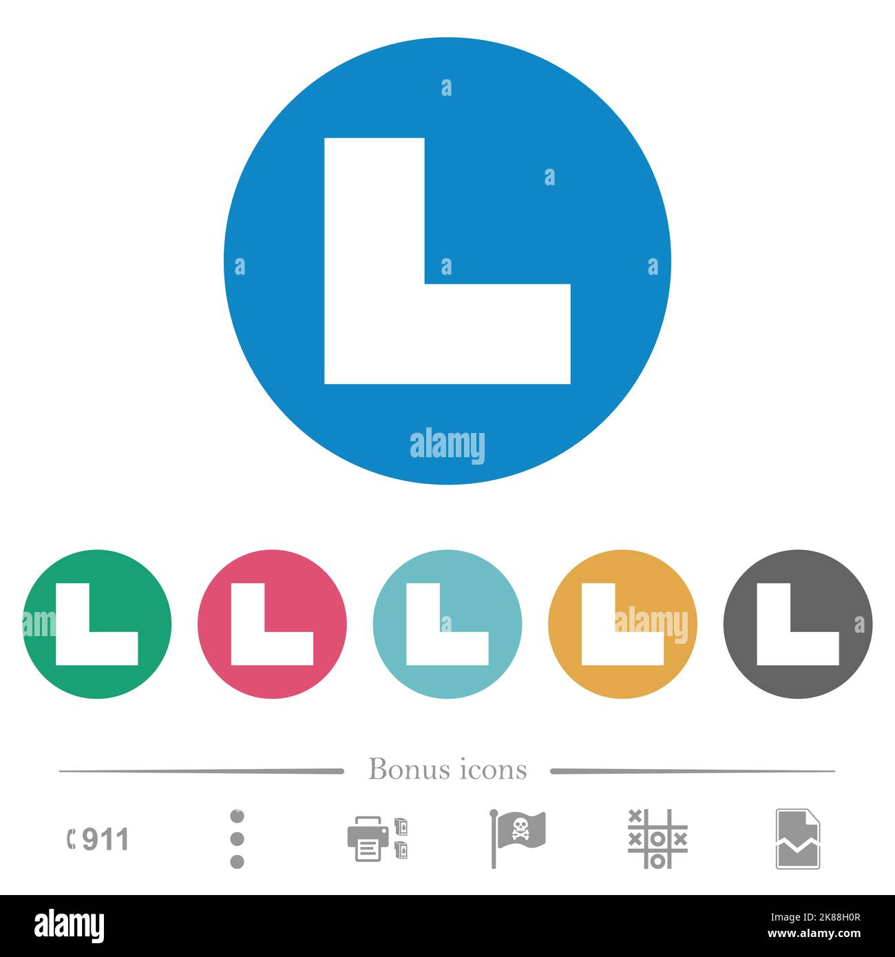 Bottom left angle arrow solid flat white icons on round color backgrounds. 6 bonus icons included. Stock Vector