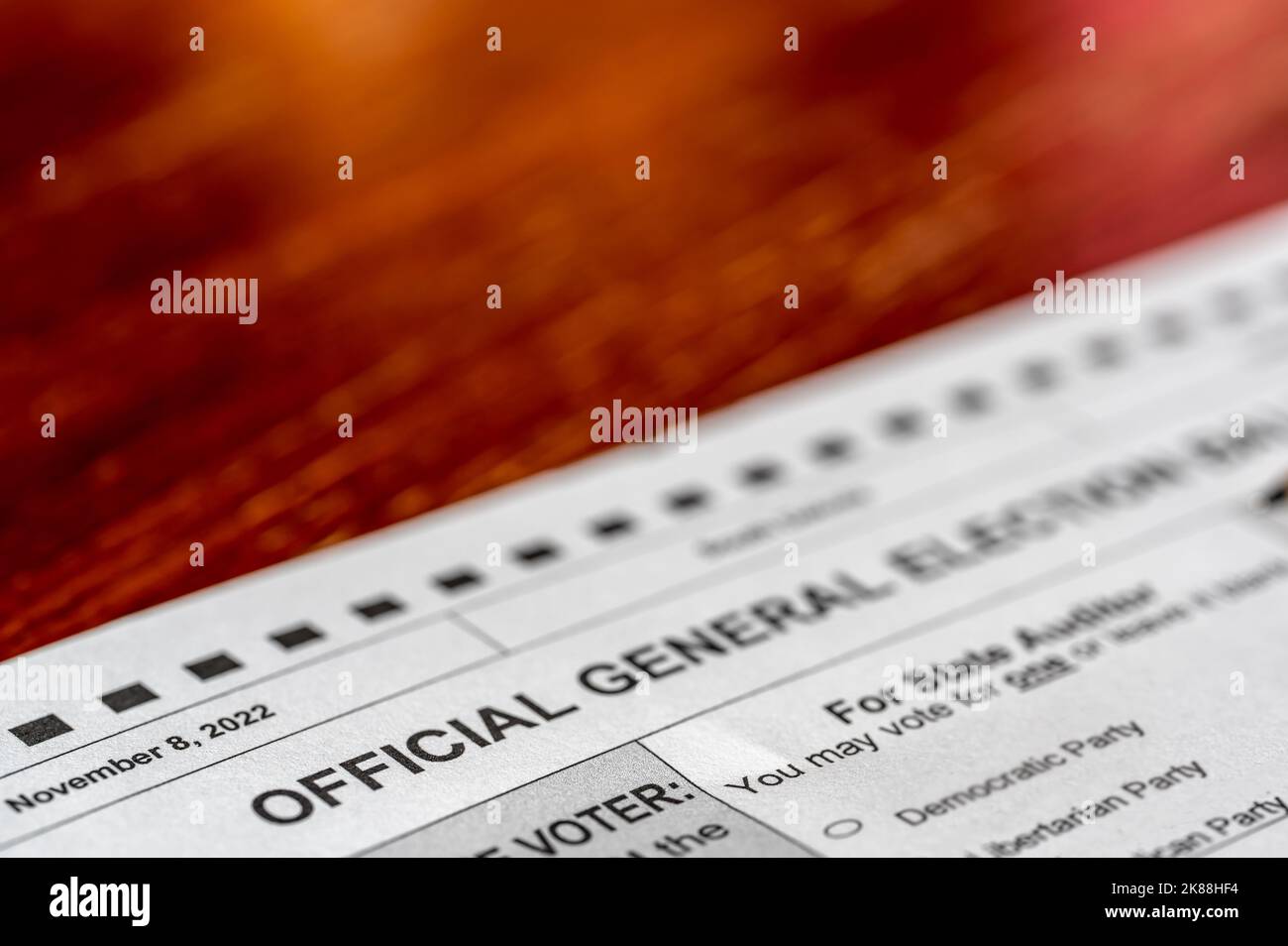 Selective focus on a generic 2022 midterm ballot. Stock Photo