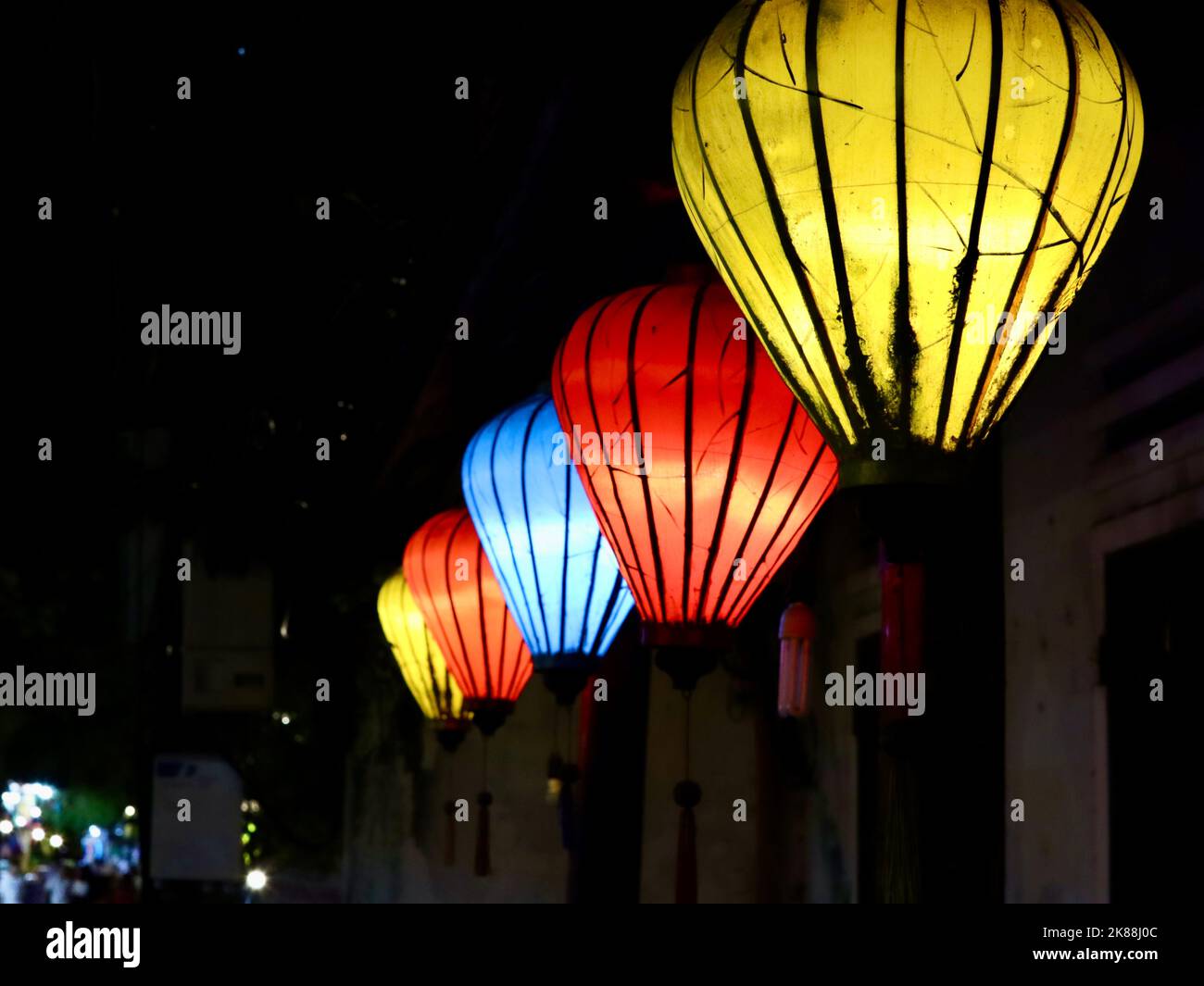 colourful lanters at night, red yellow and blue lanterns Stock Photo