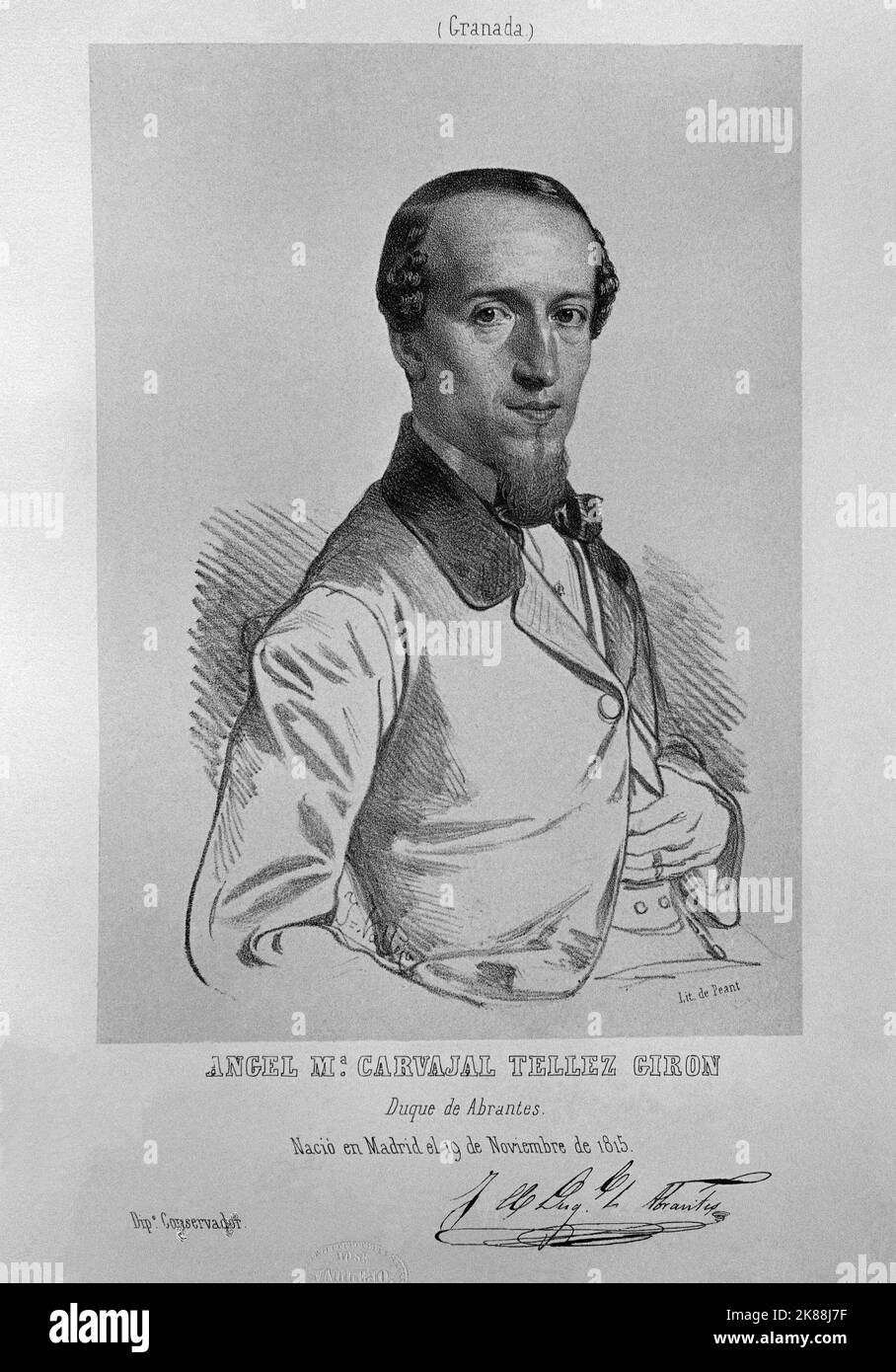 RETRATO DE ANGEL MARIA CARVAJAL TELLEZ GIRON DUQUE DE ABRANTES 1815/1890 LITOGRAFIA DE PEANT